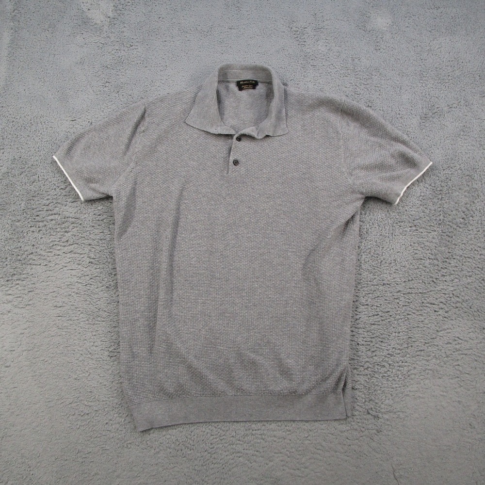 Massimo Dutti Mens XL Grey Extrafine Knit Polo Shirt Textured Short Sleeves